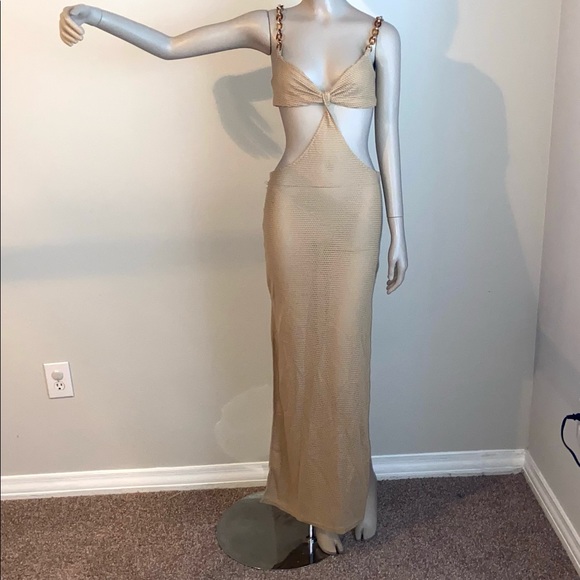 O-Ring Strap Ruched Front Cut Out Waist Tie Back Split Thigh Dress - Picture 2 of 8